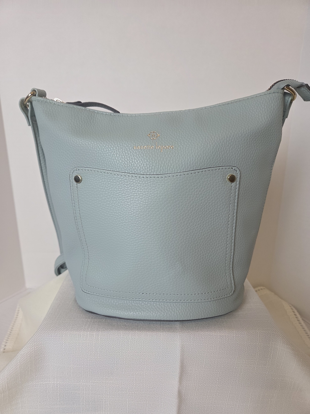 Nanette Lepore Pale Blue Green Pebbled Leather Bucket Shoulder Bag